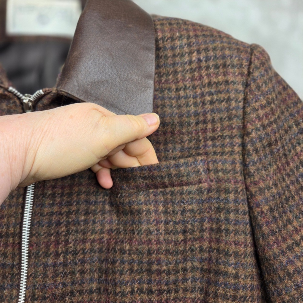 Vintage International Scene Brown Tweed Wool Leather Collar Jacket Luxury 11/12 - Picture 5 of 14